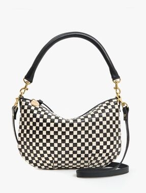 LIKE NEW CLARE V PETIT MOYEN MESSENGER BAG - BLACK CREAM WOVEN CHECKER LEATHER